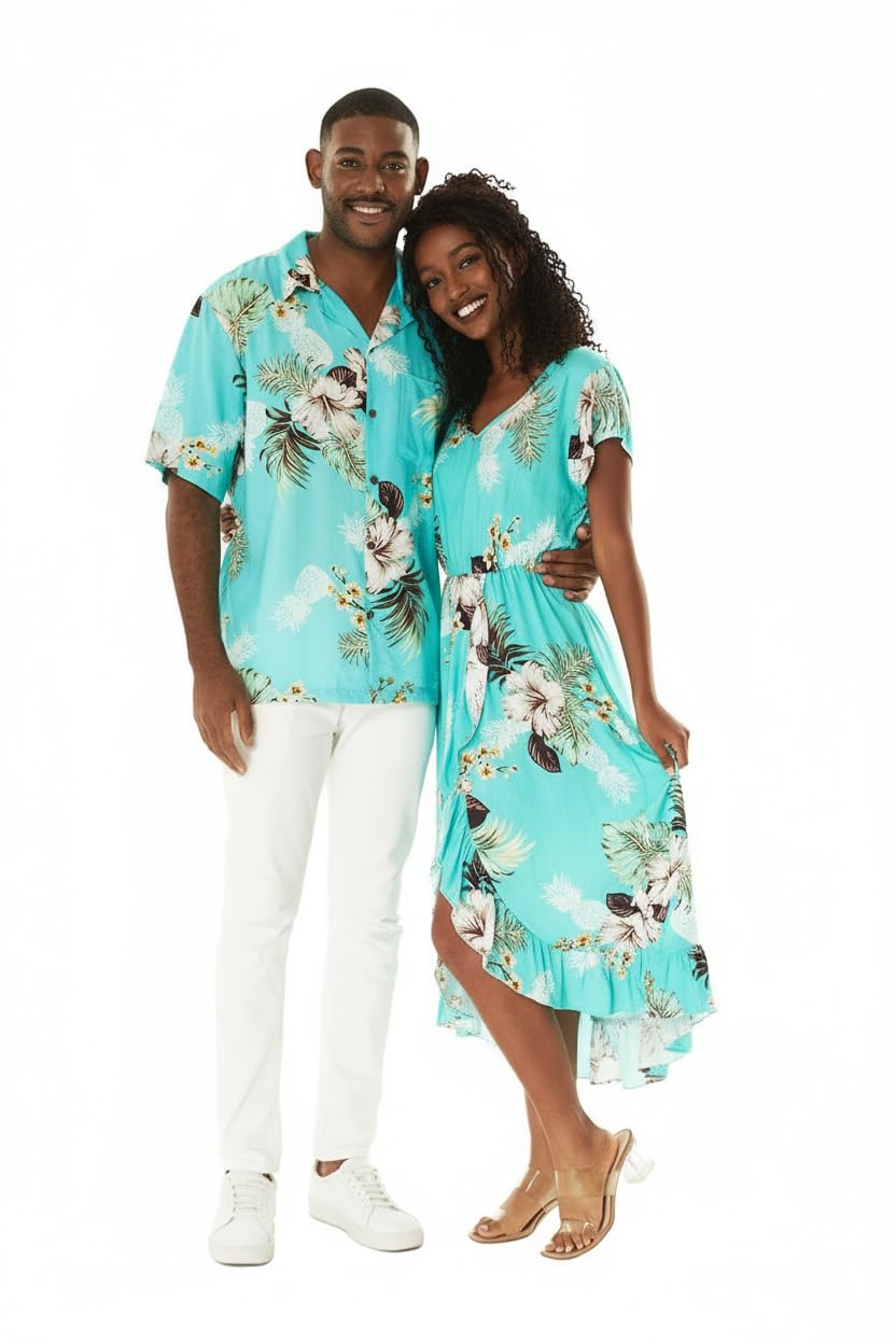 Matchable Couple Hawaiian Shirt or Wrap Dress Signature Prints Pineapple