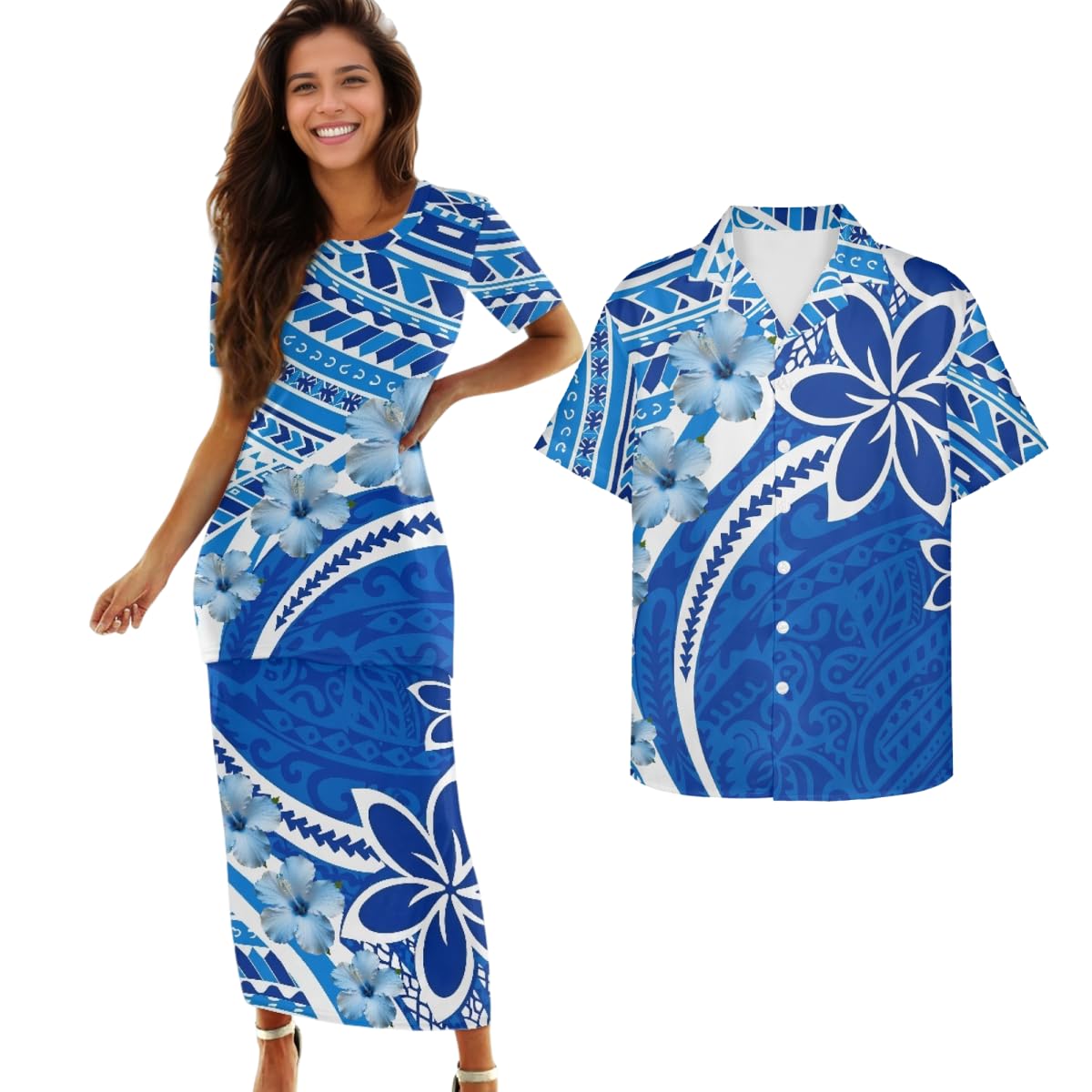 Samoa Couple Outfit Polynesian Dress for Women Traditional Puletasi Shirts for Men Beach Lava Lava Luau
