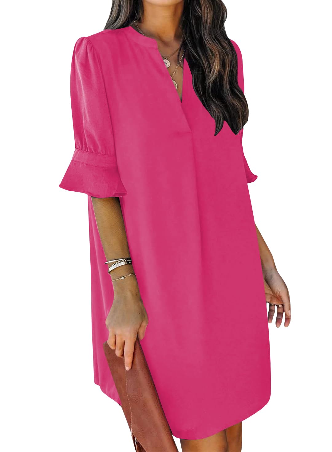 QACOHU Summer Dresses for Women V Neck Ruffle Short Sleeve Shift Dress