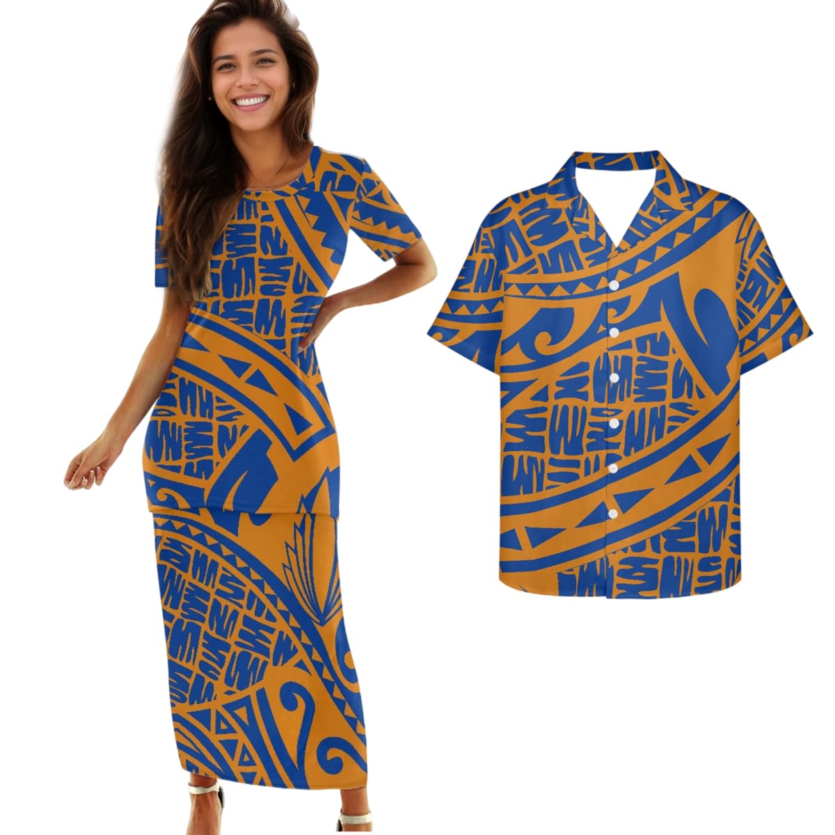 Samoa Couple Outfit Polynesian Dress for Women Traditional Puletasi Shirts for Men Beach Lava Lava Luau