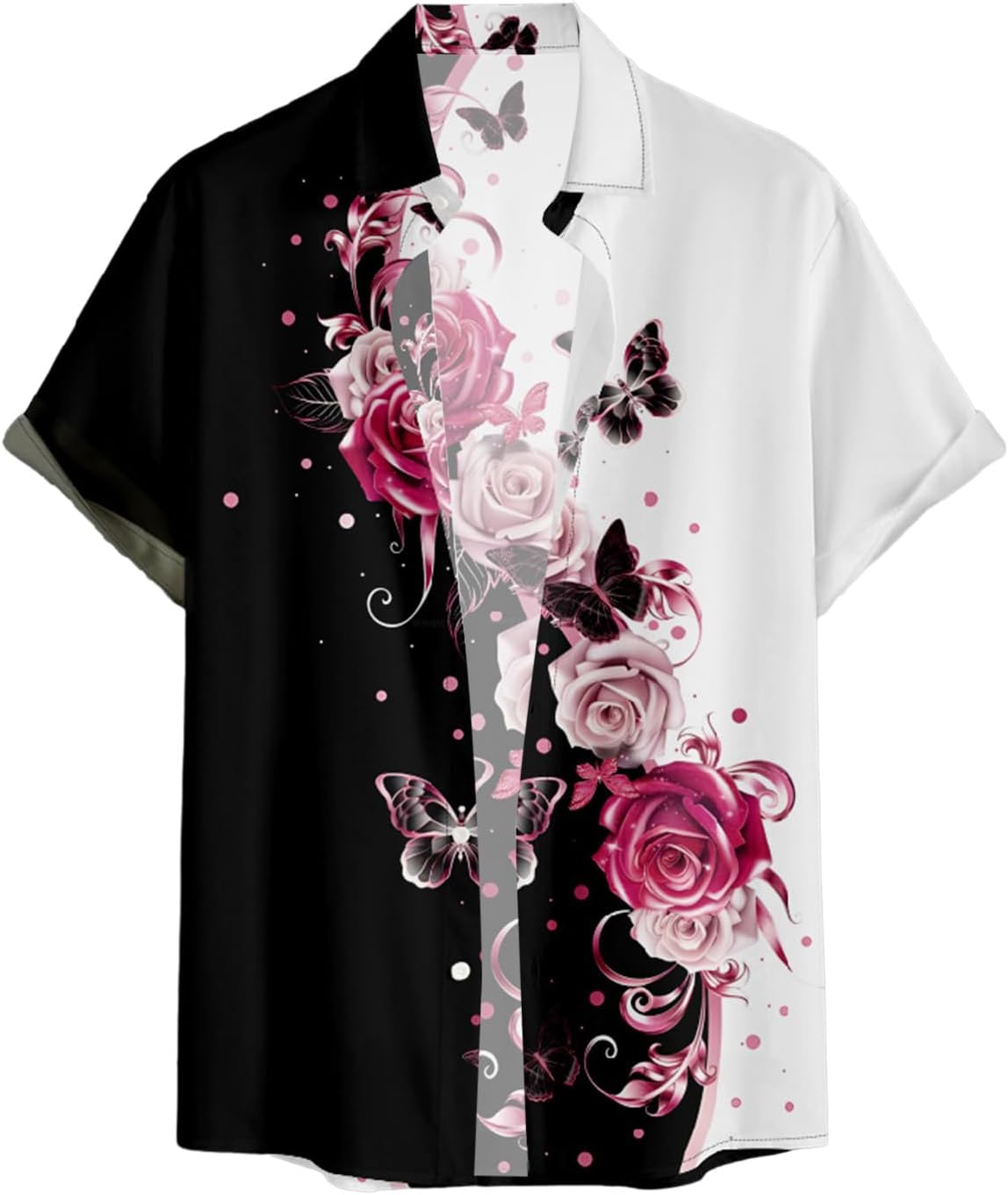 DRESSFO Couple Matching Hawaiian Outfits Butterfly Rose Print A-line Dress or Men's Short Sleeve Button Up Shirt