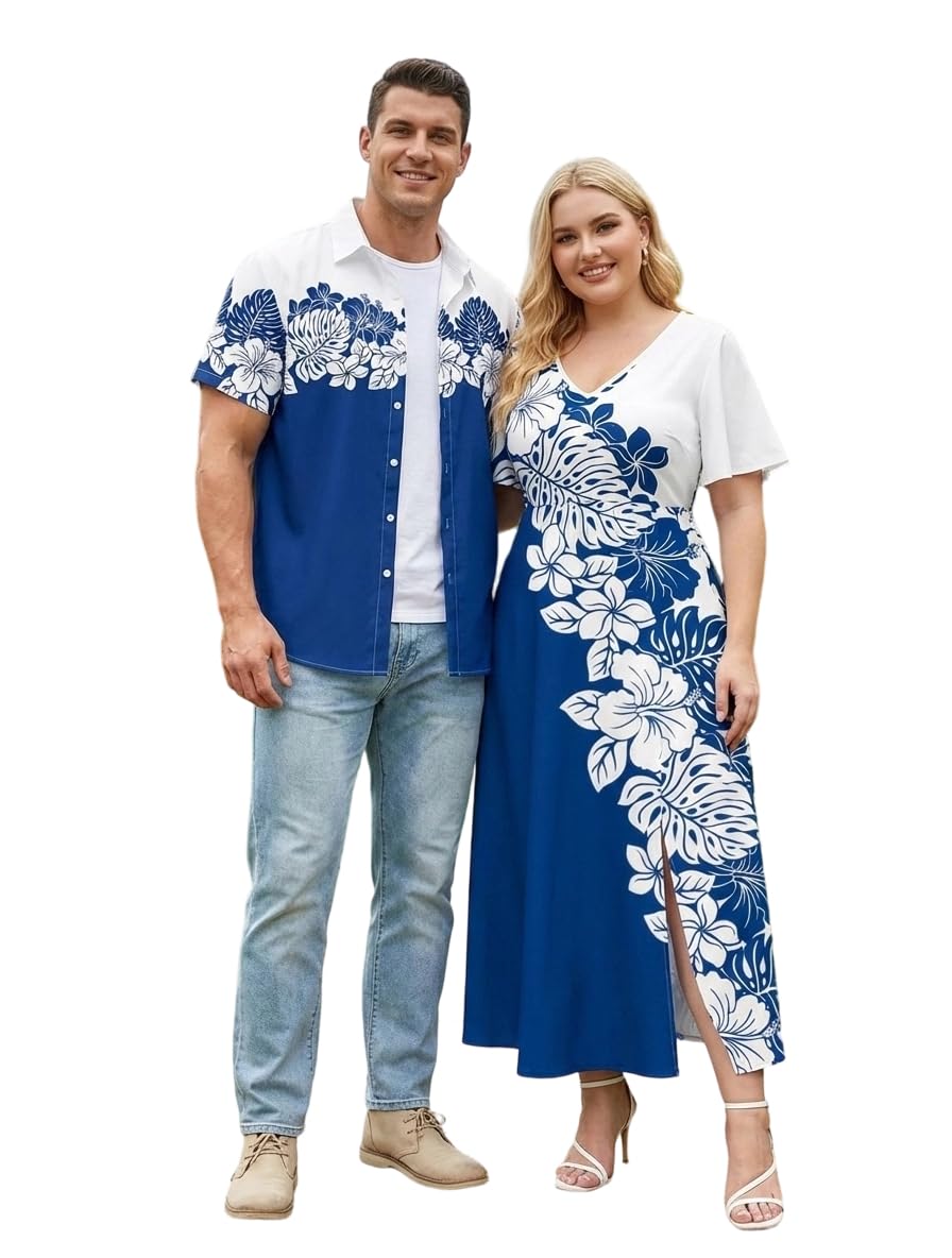 Matchable Couple Hawaiian Sea Beach Starfish Turtle Shell Print Shirt or Plus Size Midi Split A Line Dress