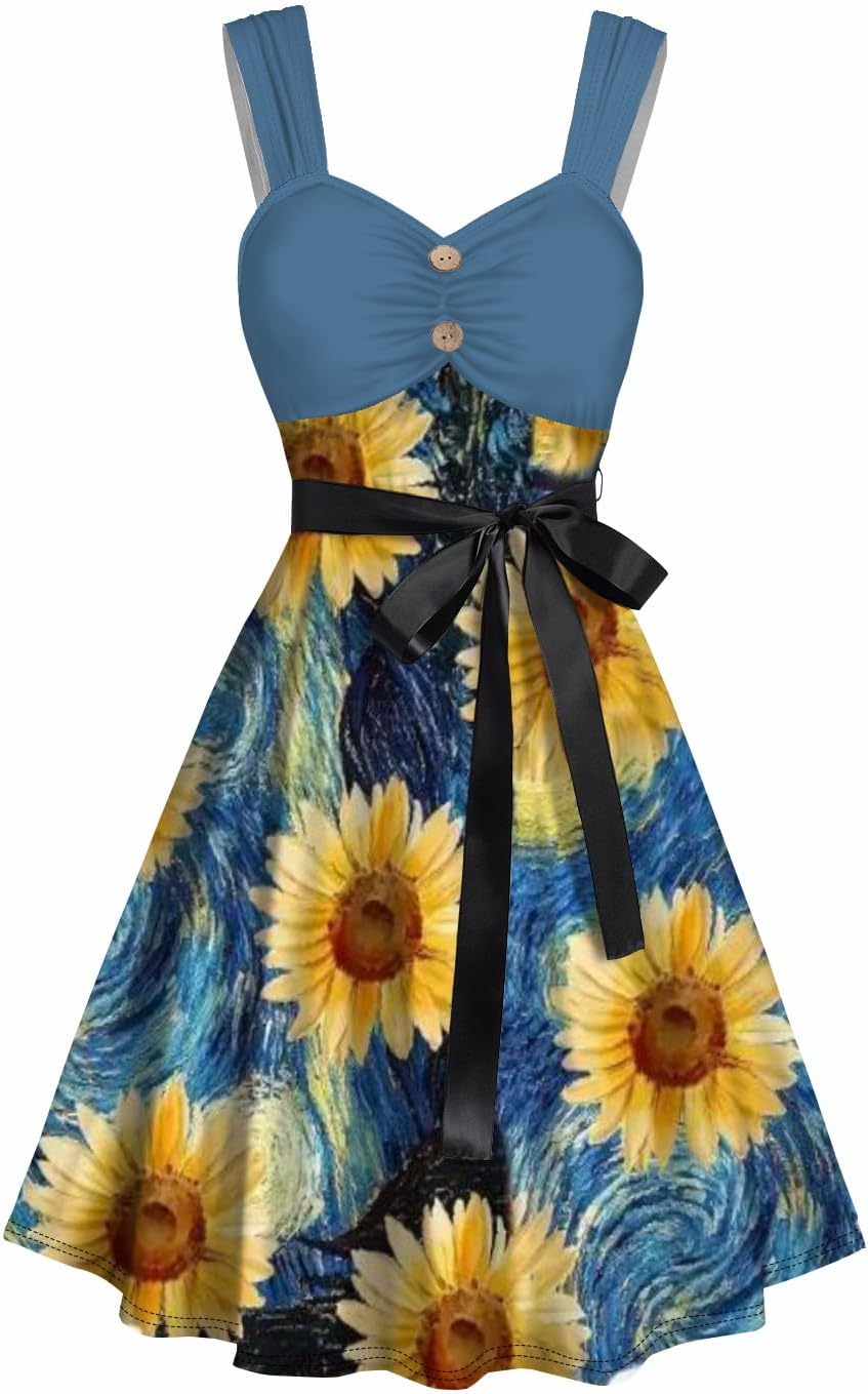 DRESSFO Couple Matching Hawaiian Outfits Allover Flower Print Sundress or Vacation Men's Button Up Shirt Outfit