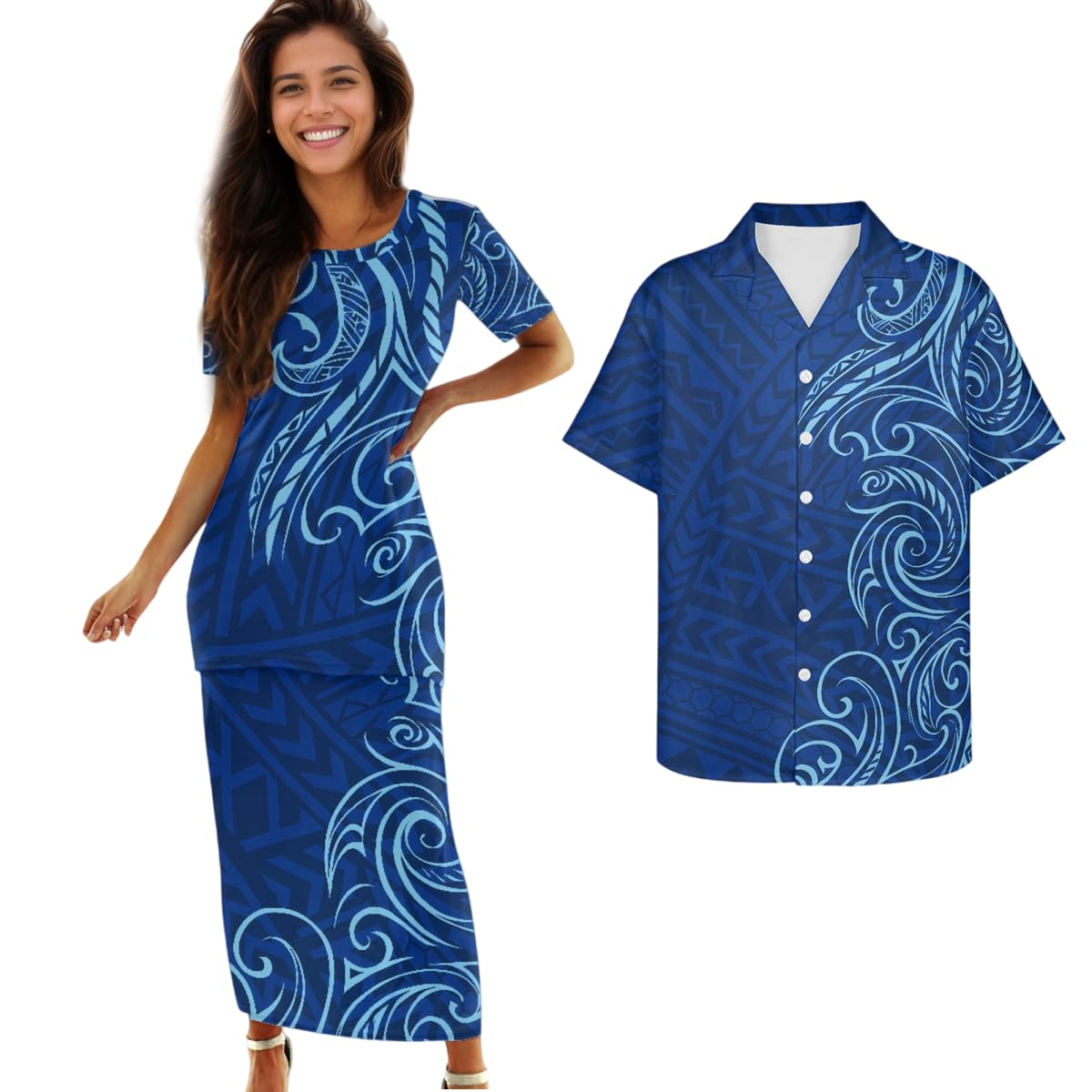 Samoa Couple Outfit Polynesian Dress for Women Traditional Puletasi Shirts for Men Beach Lava Lava Luau