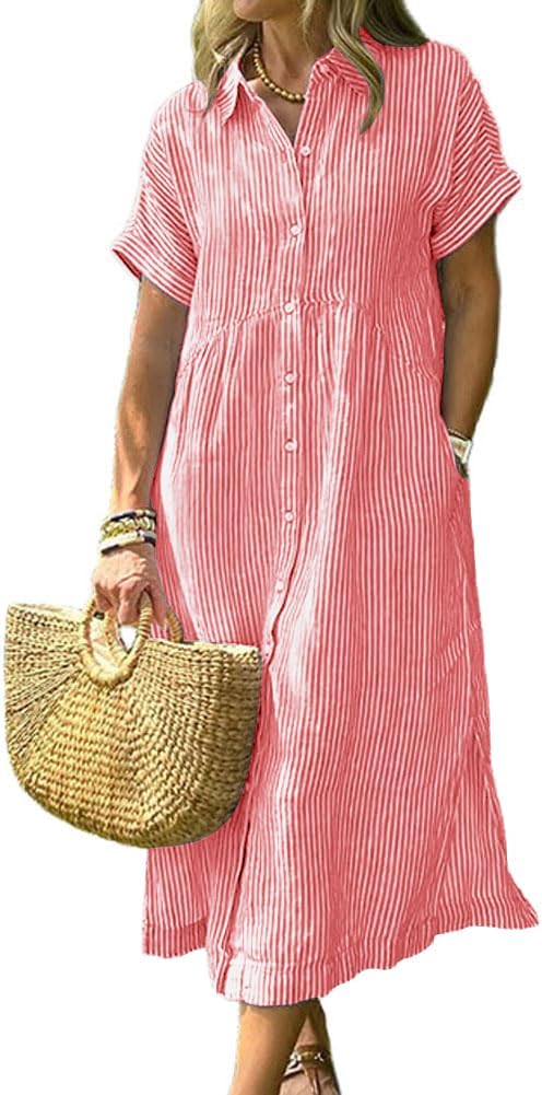 chouyatou Women's Summer Striped Midi Long Shirt Dress Casual Loose Short Sleeve Button Down Dress