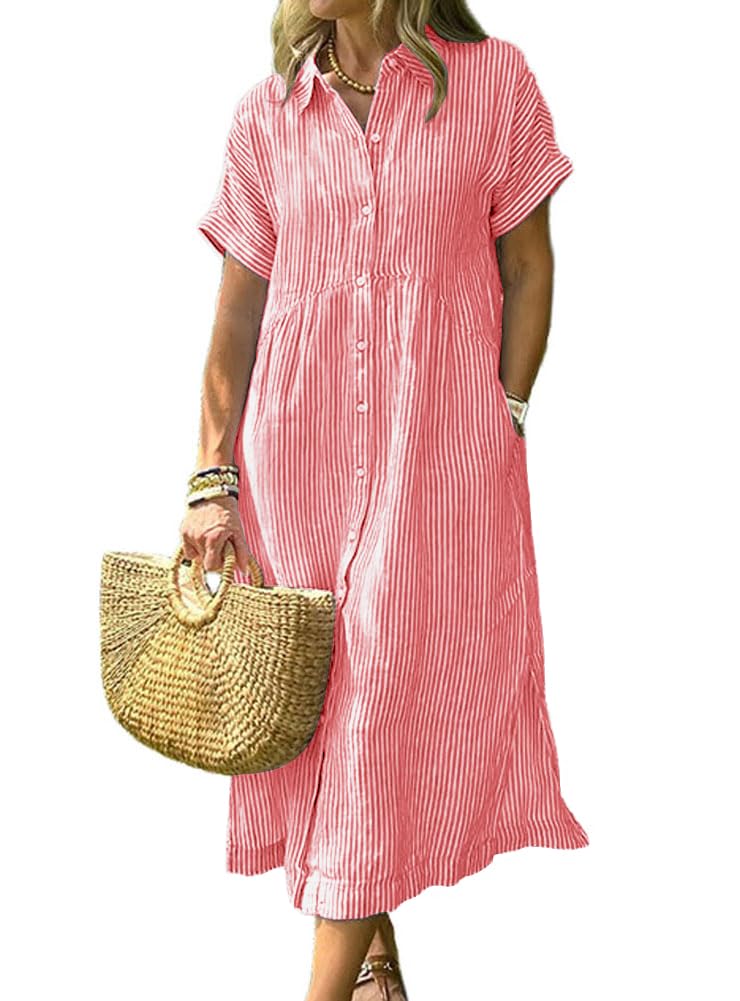 chouyatou Women's Summer Striped Midi Long Shirt Dress Casual Loose Short Sleeve Button Down Dress