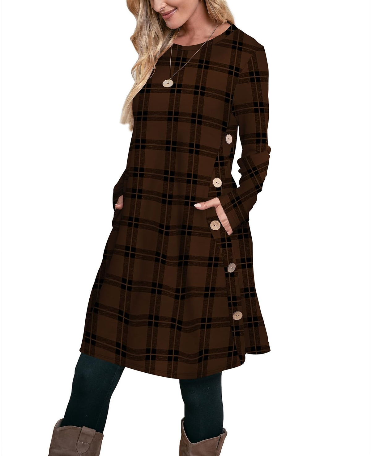 OFEEFAN Fall Dresses for Women 2026 Crew Neck Long Sleeve Dress with Pockets