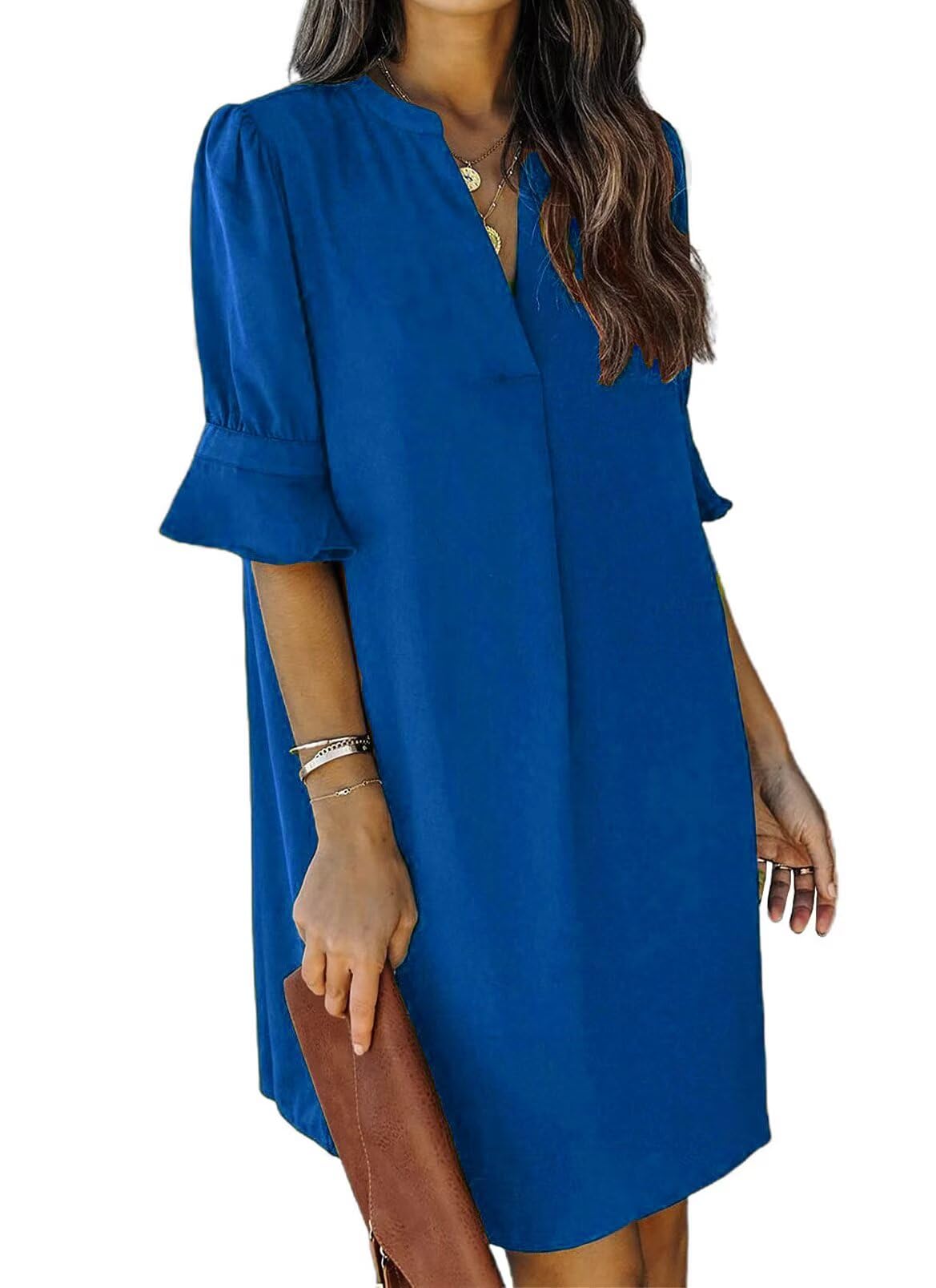 QACOHU Summer Dresses for Women V Neck Ruffle Short Sleeve Shift Dress