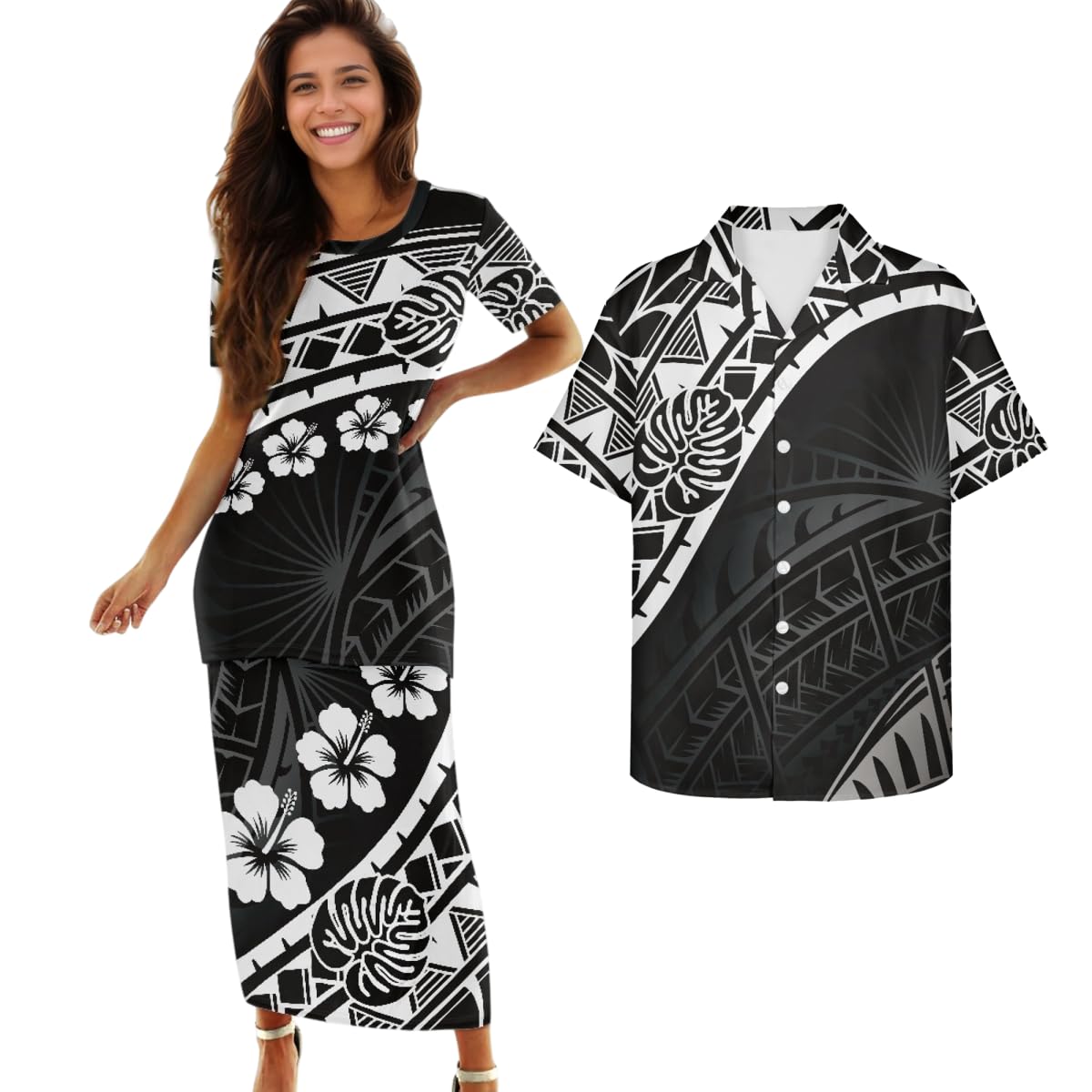 Samoa Couple Outfit Polynesian Dress for Women Traditional Puletasi Shirts for Men Beach Lava Lava Luau