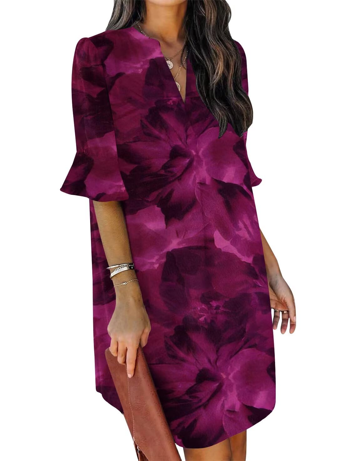 QACOHU Summer Dresses for Women V Neck Ruffle Short Sleeve Shift Dress