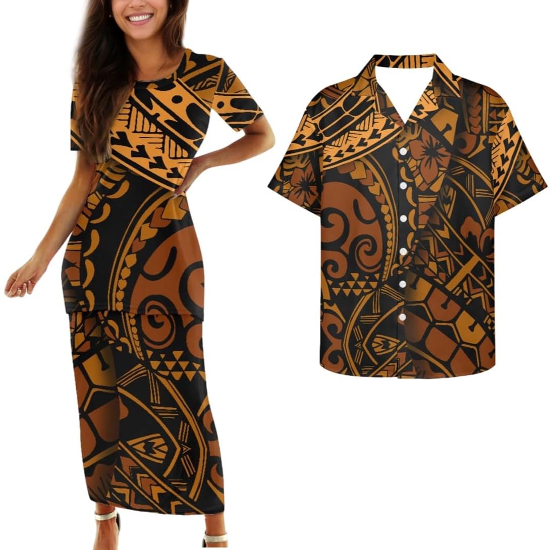 Samoa Couple Outfit Polynesian Dress for Women Traditional Puletasi Shirts for Men Beach Lava Lava Luau