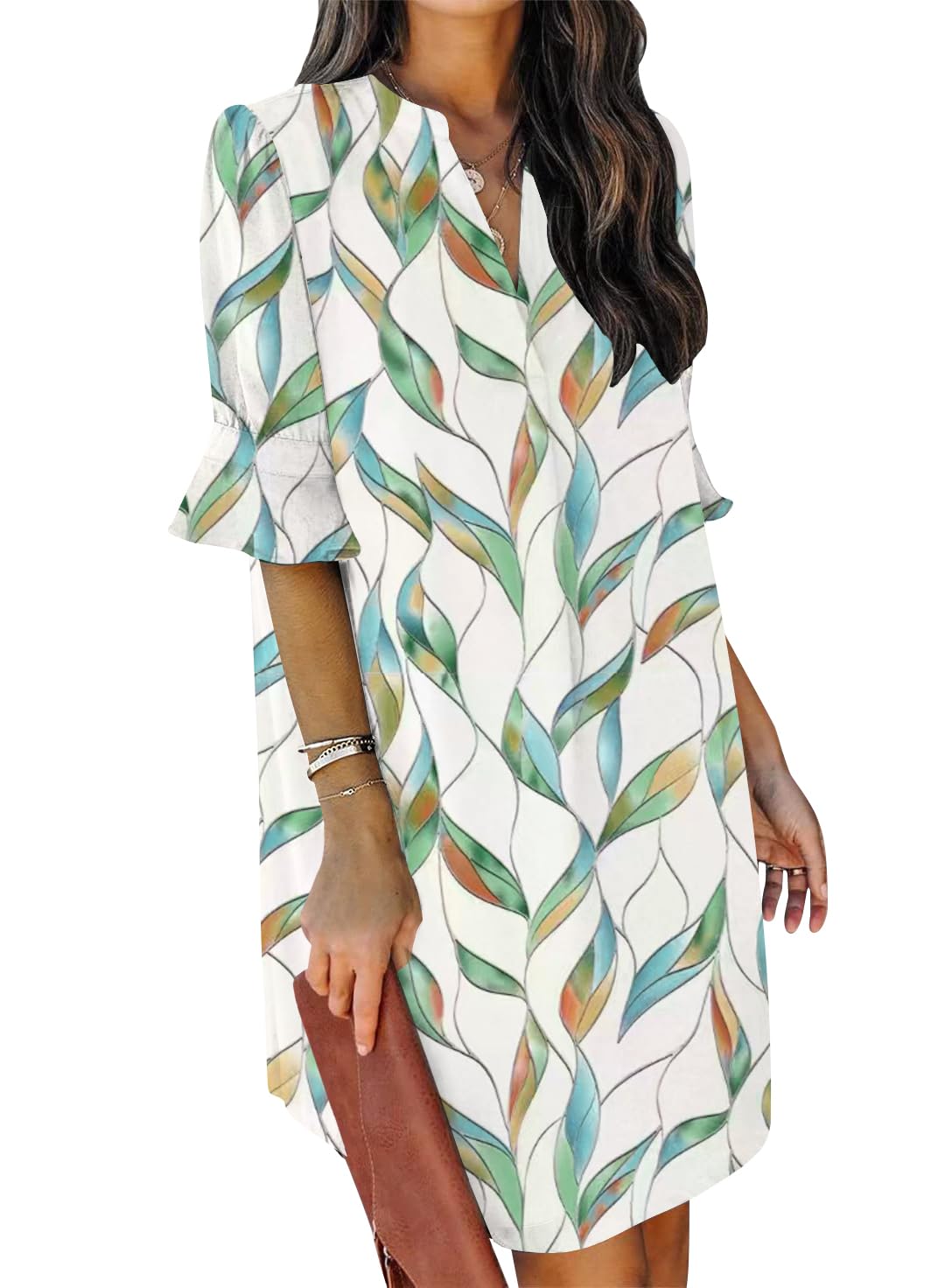 QACOHU Summer Dresses for Women V Neck Ruffle Short Sleeve Shift Dress