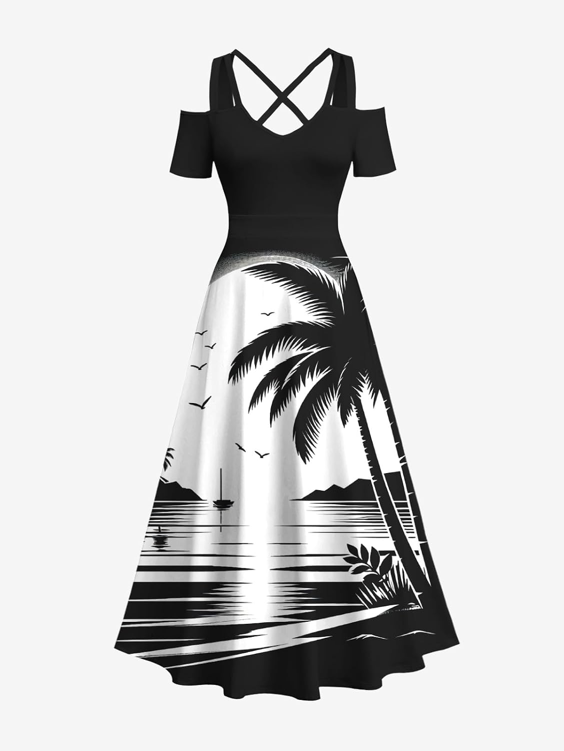 Matchable Couple Hawaiian Coconut Tree Print Shirt or Plus Size Midi Cold Shoulder Dress