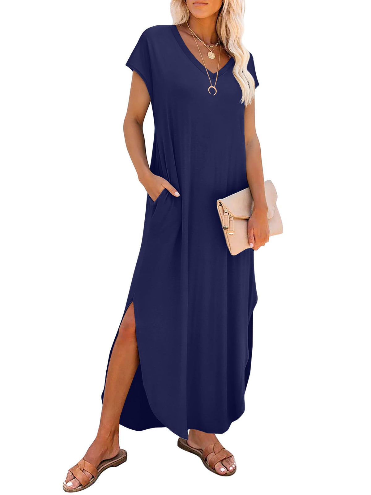 RUMIA Summer Maxi Dresses for Women Cap Sleeve Long Sundress with Pockets