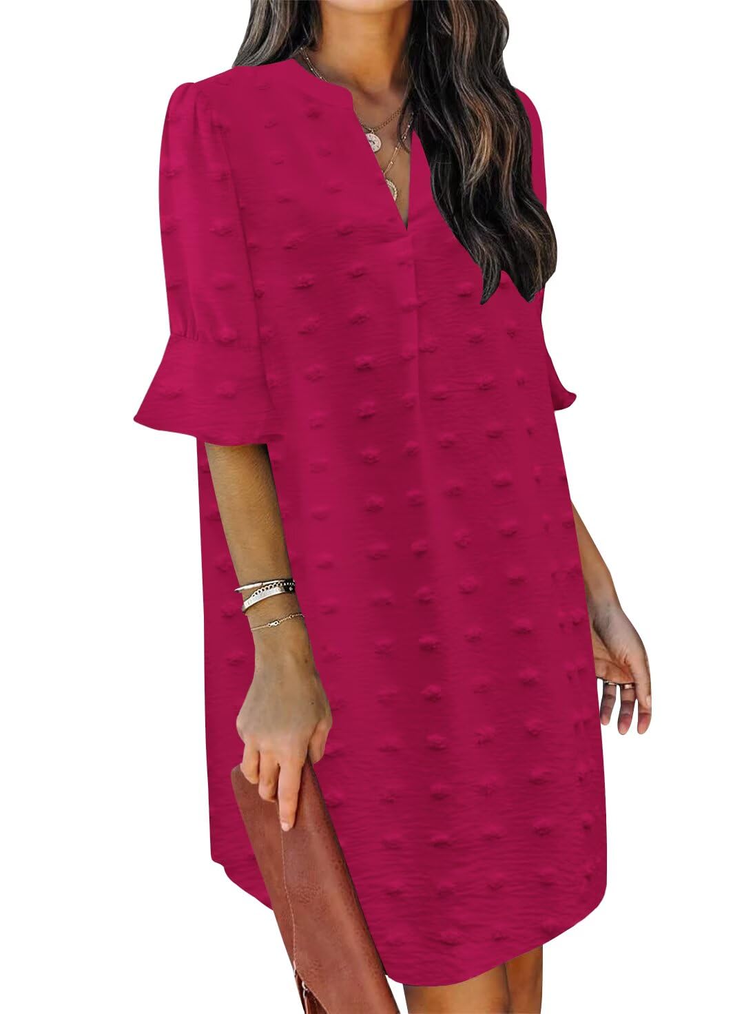 QACOHU Summer Dresses for Women V Neck Ruffle Short Sleeve Shift Dress