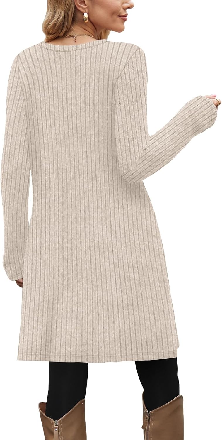 OFEEFAN Fall Dresses for Women 2026 Crew Neck Long Sleeve Dress with Pockets