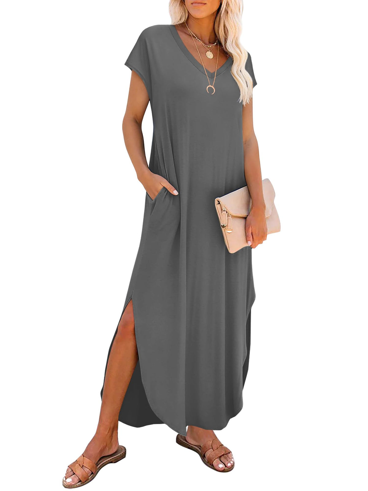 RUMIA Summer Maxi Dresses for Women Cap Sleeve Long Sundress with Pockets