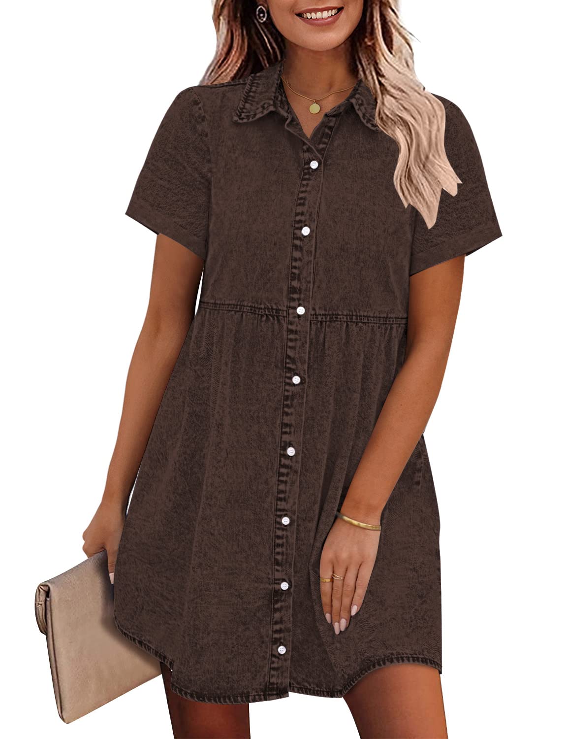 GRAPENT Denim Dress for Women Babydoll Tiered Short Sleeve Button Down Jean Shirt Dresses
