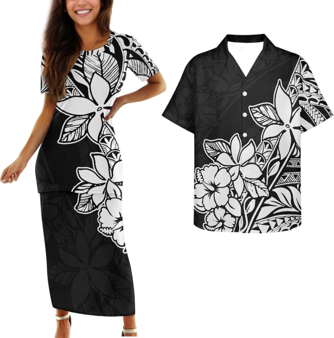 Samoa Couple Outfit Polynesian Dress for Women Traditional Puletasi Shirts for Men Beach Lava Lava Luau