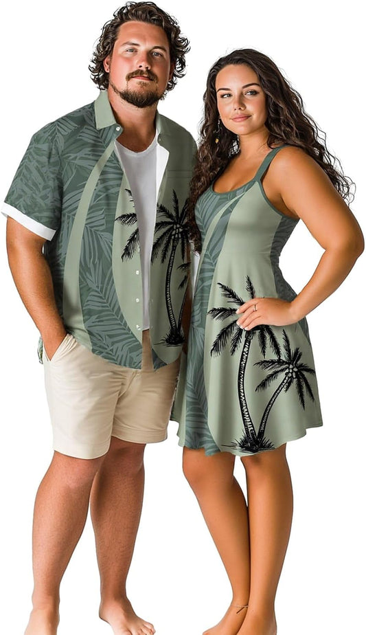 ROSE GAL Matchable Couple Hawaiian Coconut Tree Print Shirt or Plus Size Knee Length Fit and Flare Tank Dress