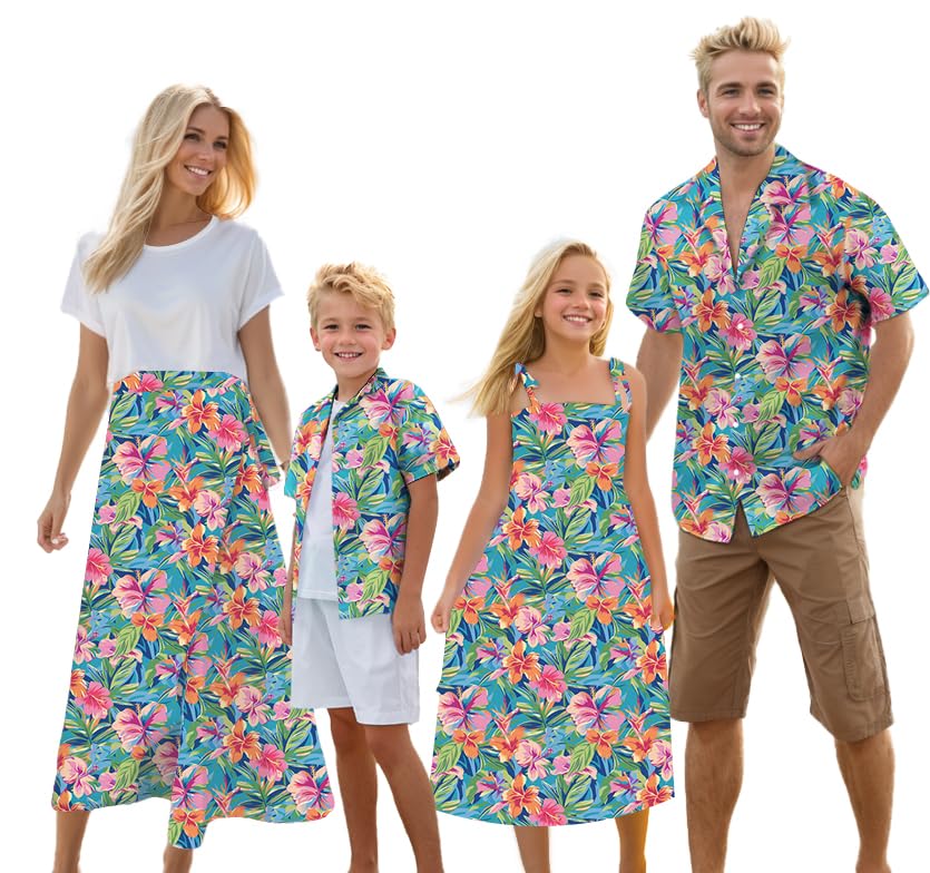 Cromoncent Matching Hawaiian Outfits for Family, Dad and Son Matching Luau Beach Tropical Shirts Mommy Daughter Tropical Sets