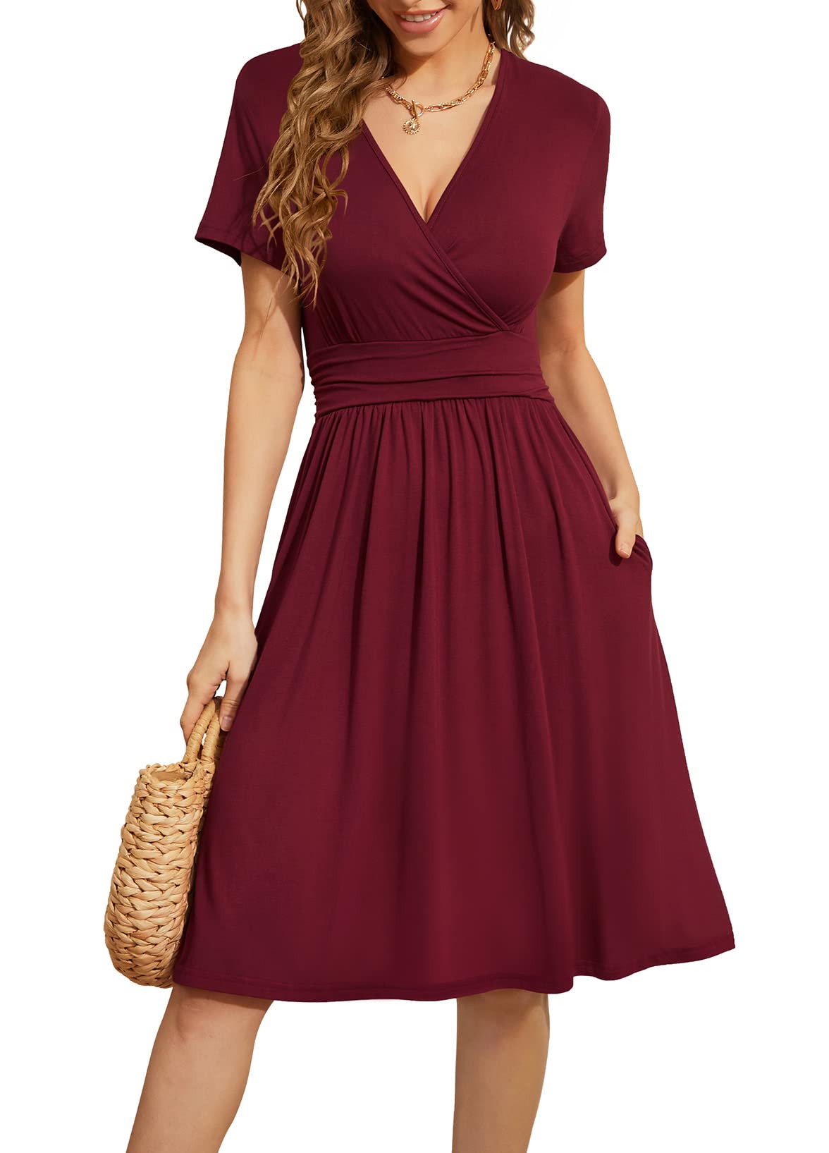 WEACZZY Women's Summer Short Sleeve Casual Dresses V-Neck Floral Party Dress with Pockets