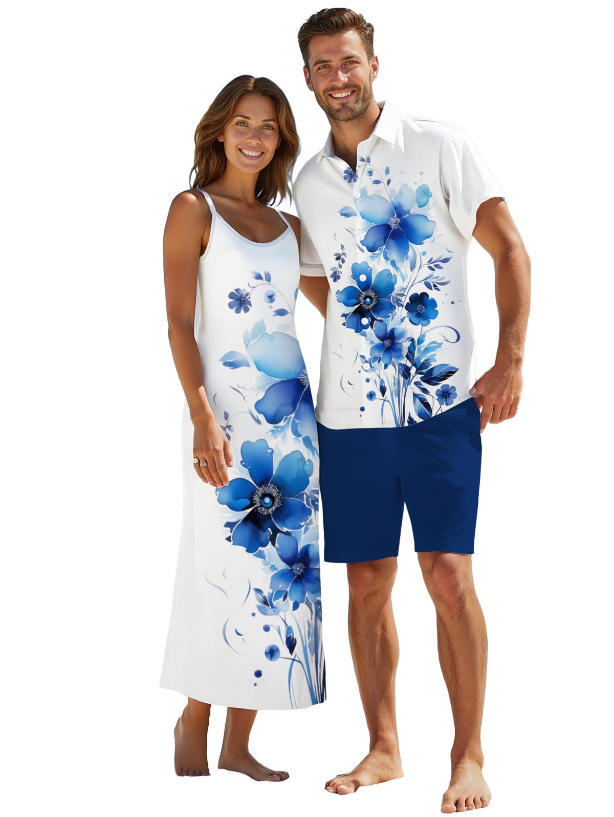 DRESSFO Couple Matching Hawaiian Outfits Watercolor Leaf Floral Print A Line Dress or Men's Short Sleeve Button Up Shirt