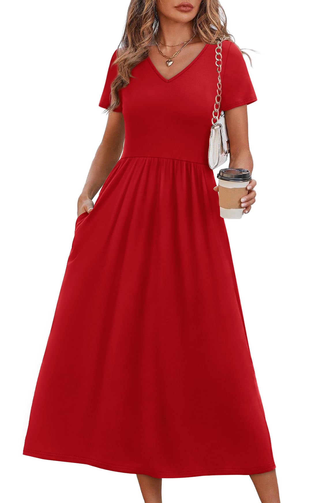 OFEEFAN Summer Dresses for Women Flowy Casual A-Line Midi Dress Beach Vacation Sundresses with Pockets S-2XL