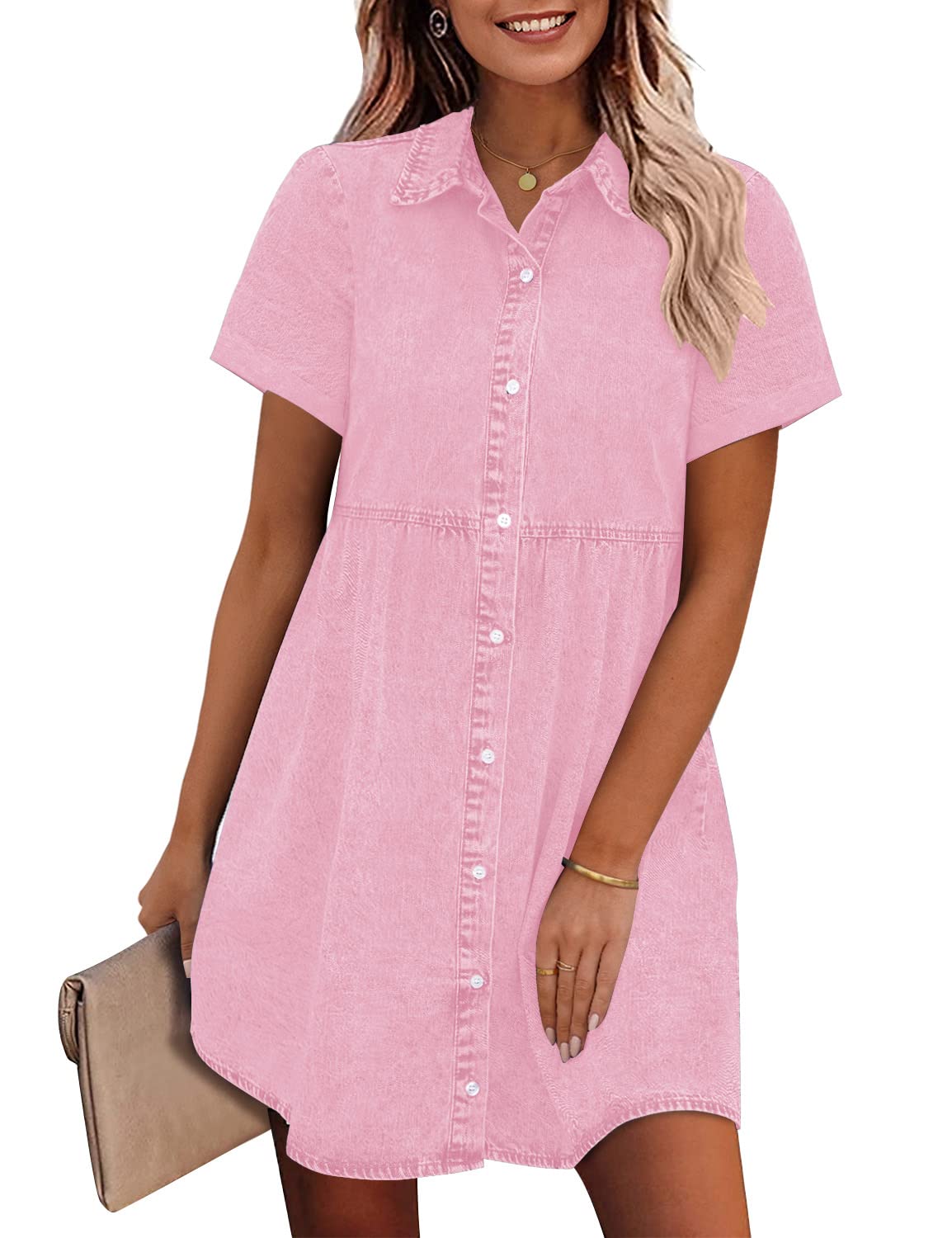 GRAPENT Denim Dress for Women Babydoll Tiered Short Sleeve Button Down Jean Shirt Dresses