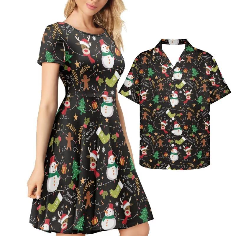 AmzPrint Couple Christmas Shirt and Dress Womens Elegant Short Sleeve Round Neck Cocktail Party Green Xmas Swing Dress