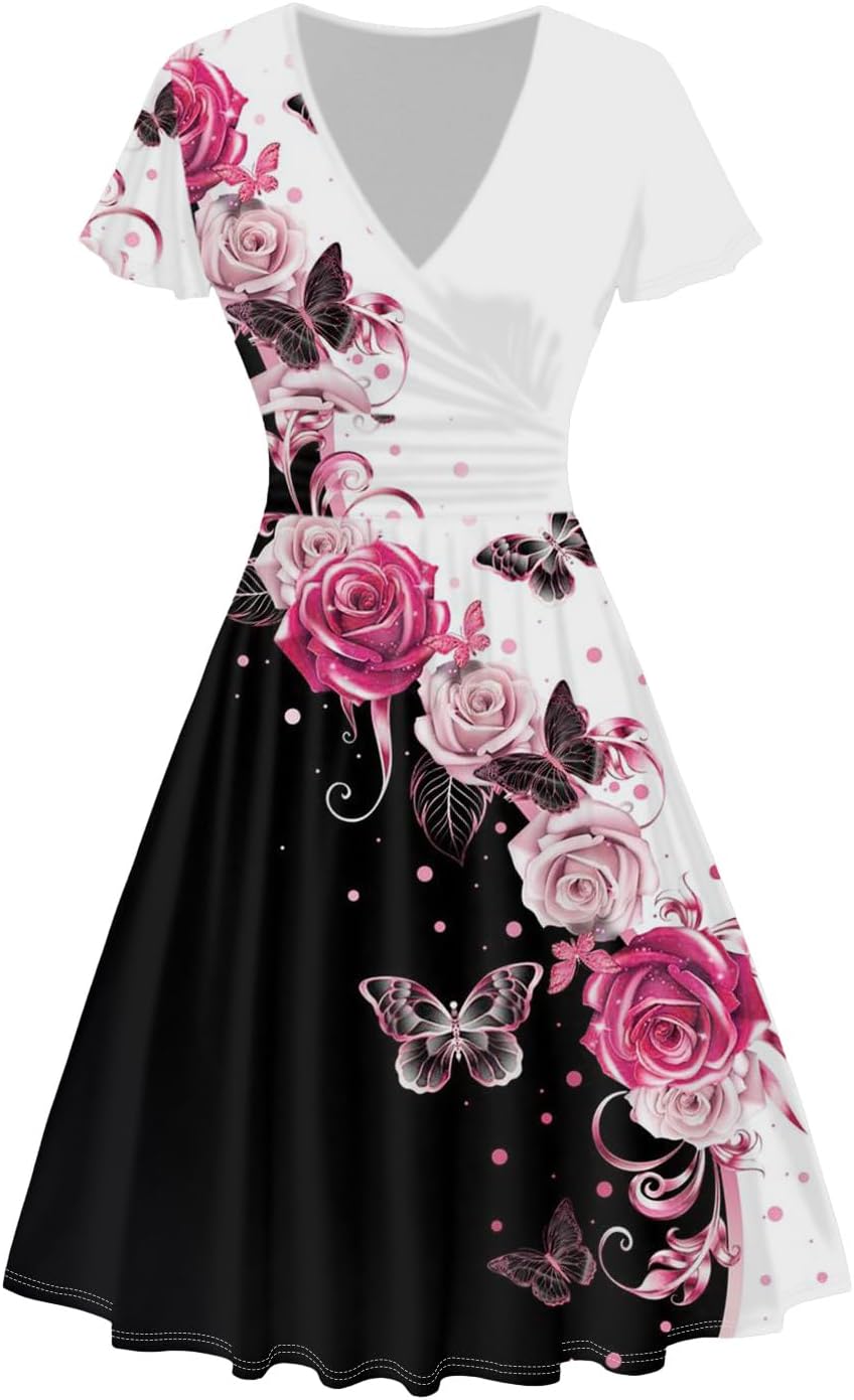 DRESSFO Couple Matching Hawaiian Outfits Butterfly Rose Print A-line Dress or Men's Short Sleeve Button Up Shirt