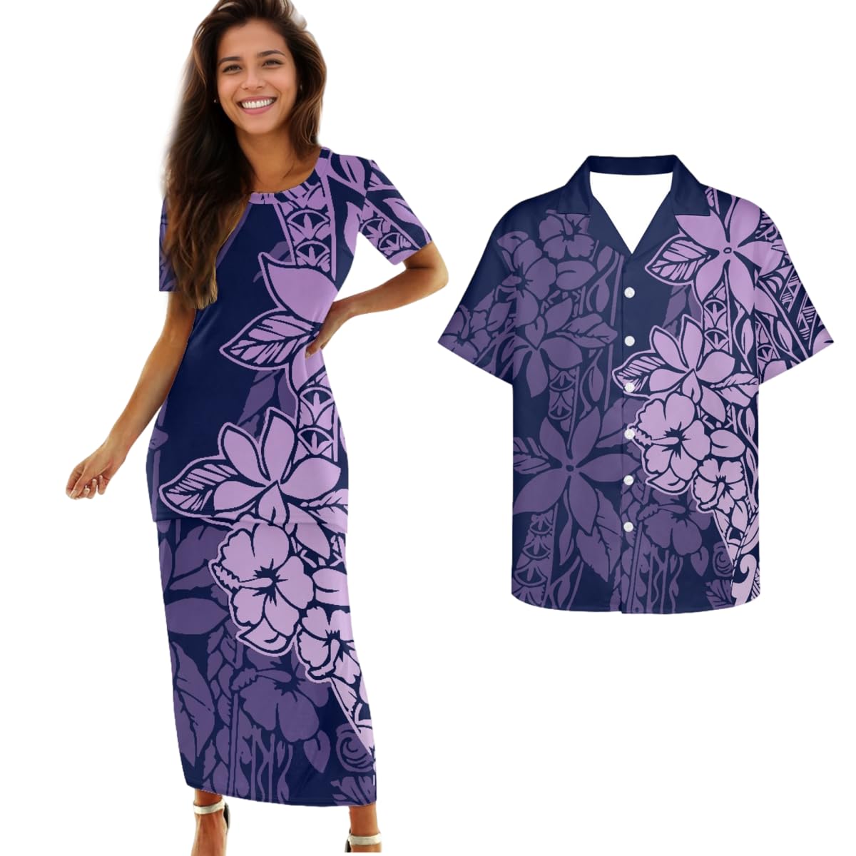 Samoa Couple Outfit Polynesian Dress for Women Traditional Puletasi Shirts for Men Beach Lava Lava Luau