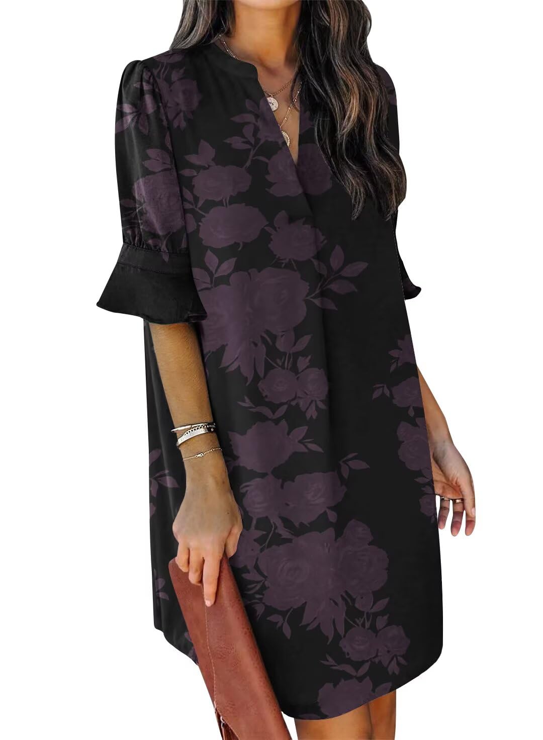 QACOHU Summer Dresses for Women V Neck Ruffle Short Sleeve Shift Dress