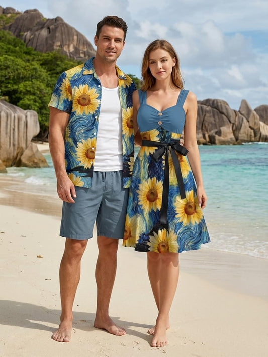 DRESSFO Couple Matching Hawaiian Outfits Allover Flower Print Sundress or Vacation Men's Button Up Shirt Outfit