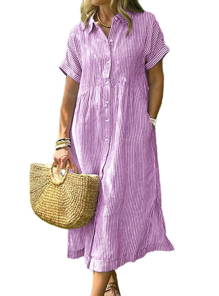 chouyatou Women's Summer Striped Midi Long Shirt Dress Casual Loose Short Sleeve Button Down Dress