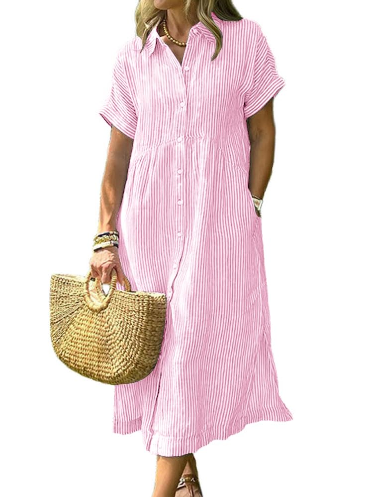 chouyatou Women's Summer Striped Midi Long Shirt Dress Casual Loose Short Sleeve Button Down Dress