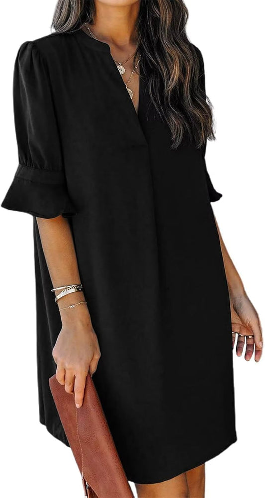 QACOHU Summer Dresses for Women V Neck Ruffle Short Sleeve Shift Dress