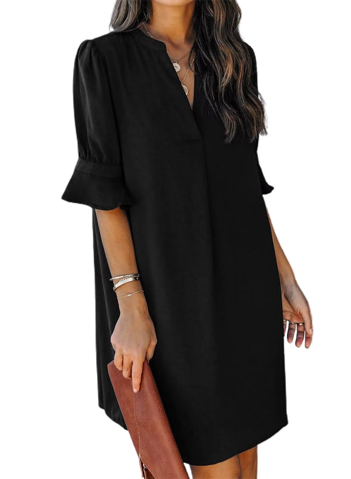 QACOHU Summer Dresses for Women V Neck Ruffle Short Sleeve Shift Dress