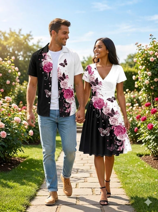 DRESSFO Couple Matching Hawaiian Outfits Butterfly Rose Print A-line Dress or Men's Short Sleeve Button Up Shirt