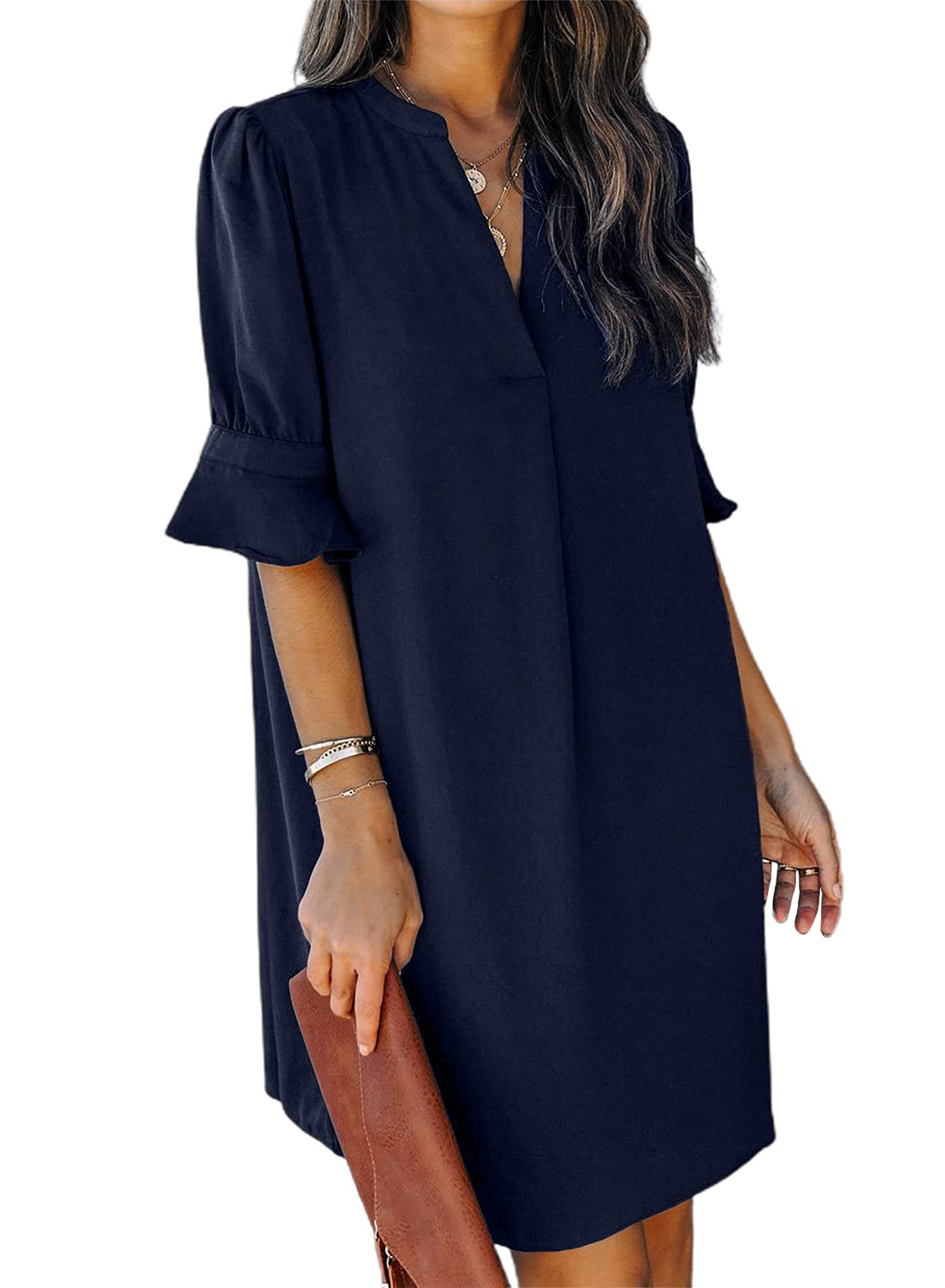 QACOHU Summer Dresses for Women V Neck Ruffle Short Sleeve Shift Dress