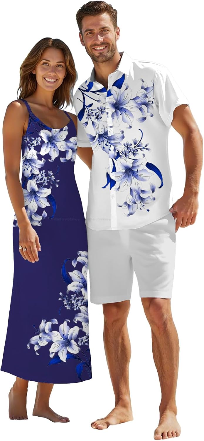 DRESSFO Couple Matching Hawaiian Outfits Watercolor Leaf Floral Print A Line Dress or Men's Short Sleeve Button Up Shirt