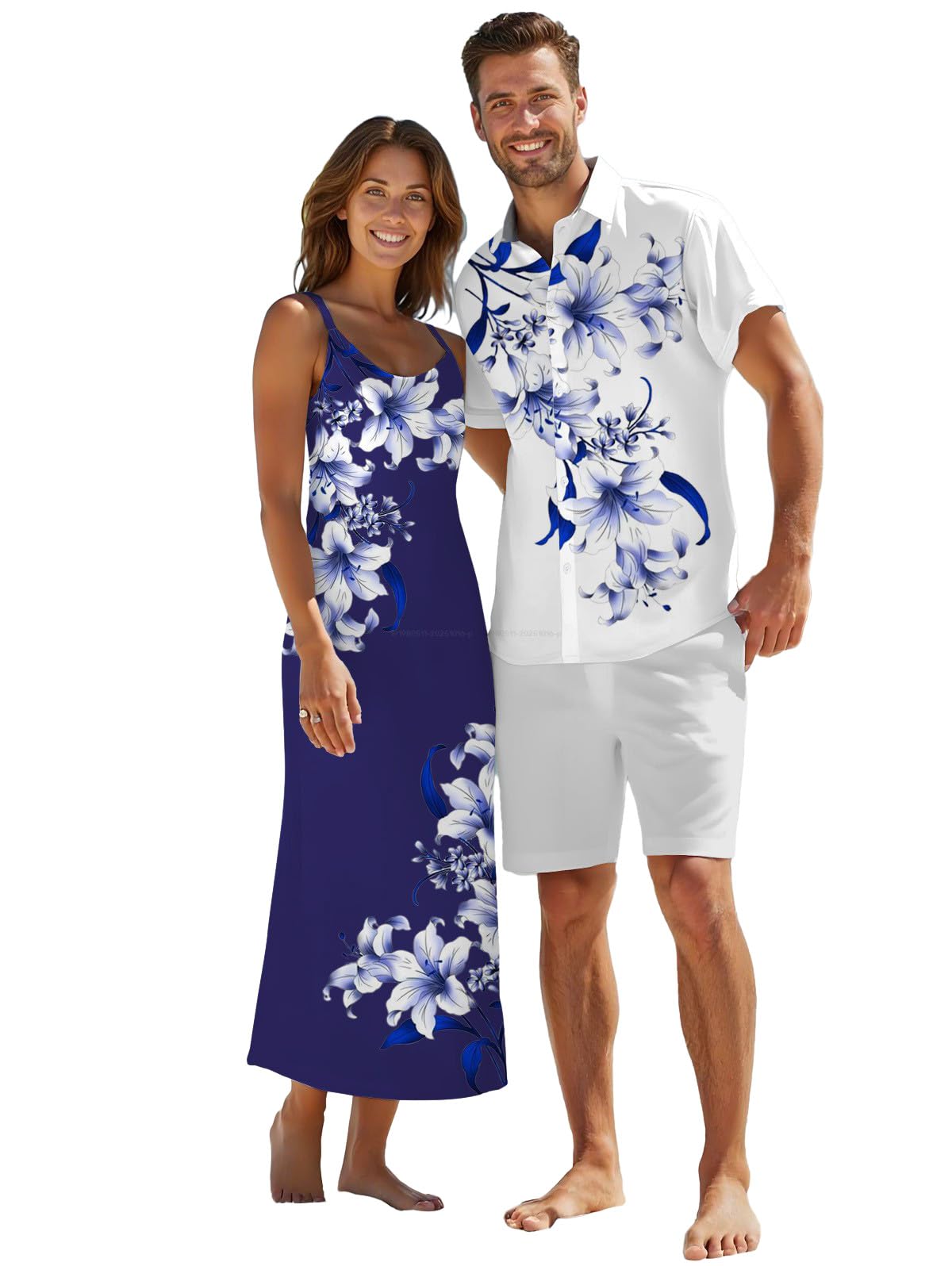 DRESSFO Couple Matching Hawaiian Outfits Watercolor Leaf Floral Print A Line Dress or Men's Short Sleeve Button Up Shirt