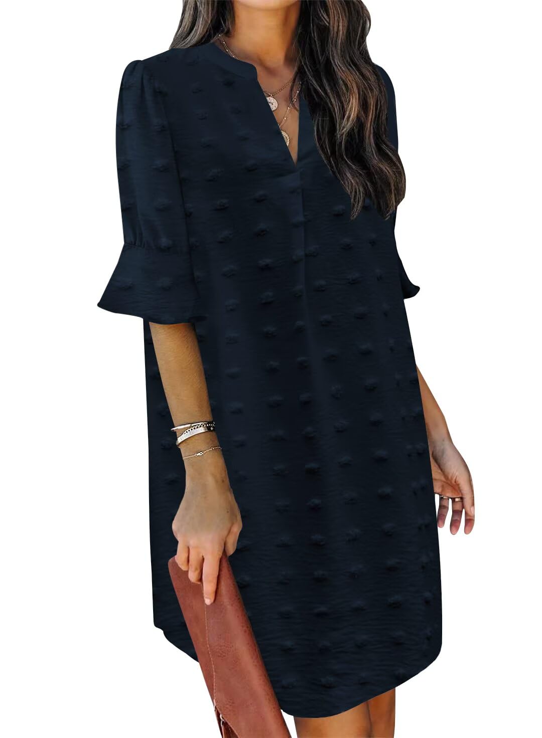 QACOHU Summer Dresses for Women V Neck Ruffle Short Sleeve Shift Dress