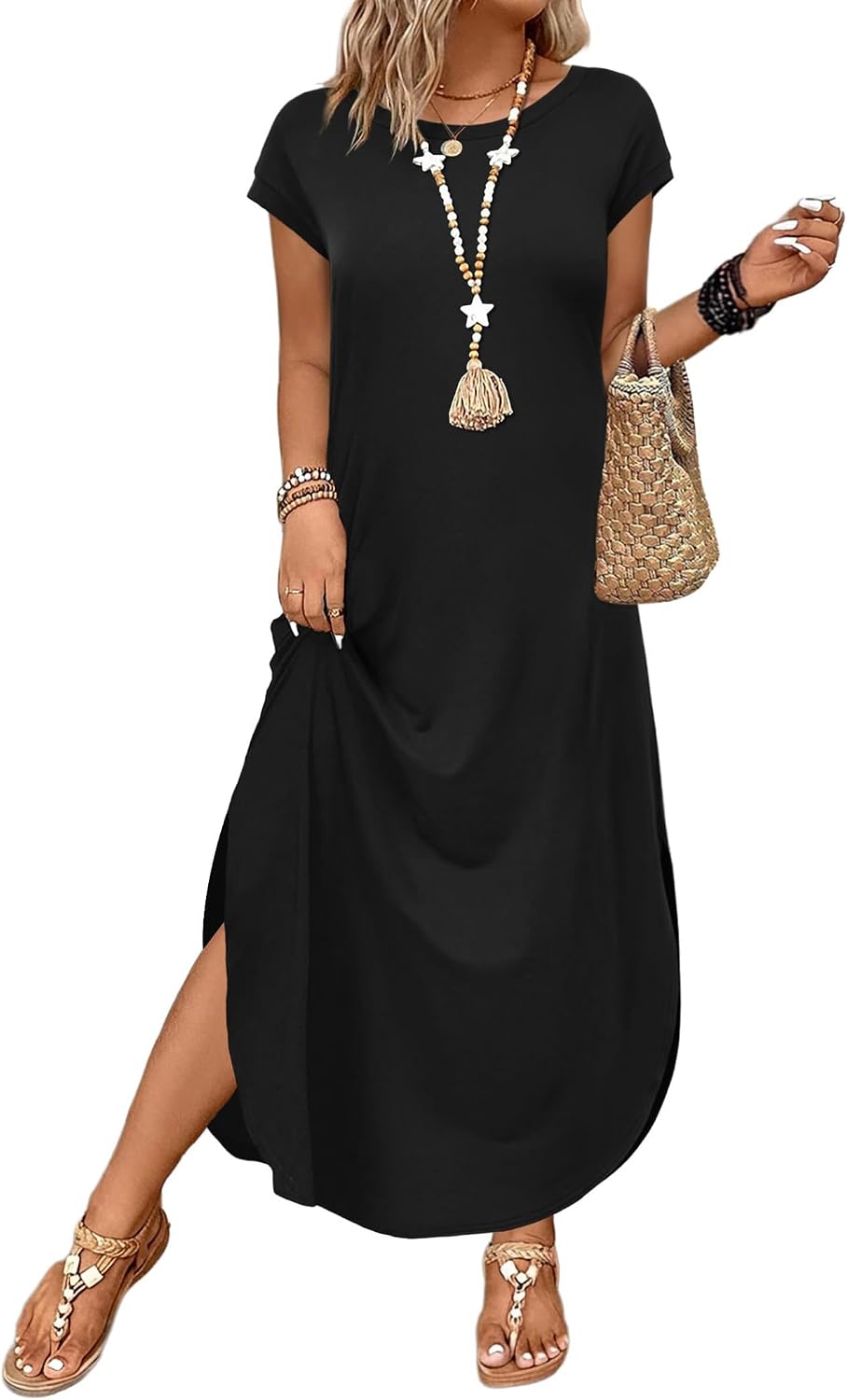 WIHOLL Summer Dresses Cap Sleeve Crewneck Maxi Long Casual Dress with Pockets Beach Vacation Sundresses 2026 Trendy