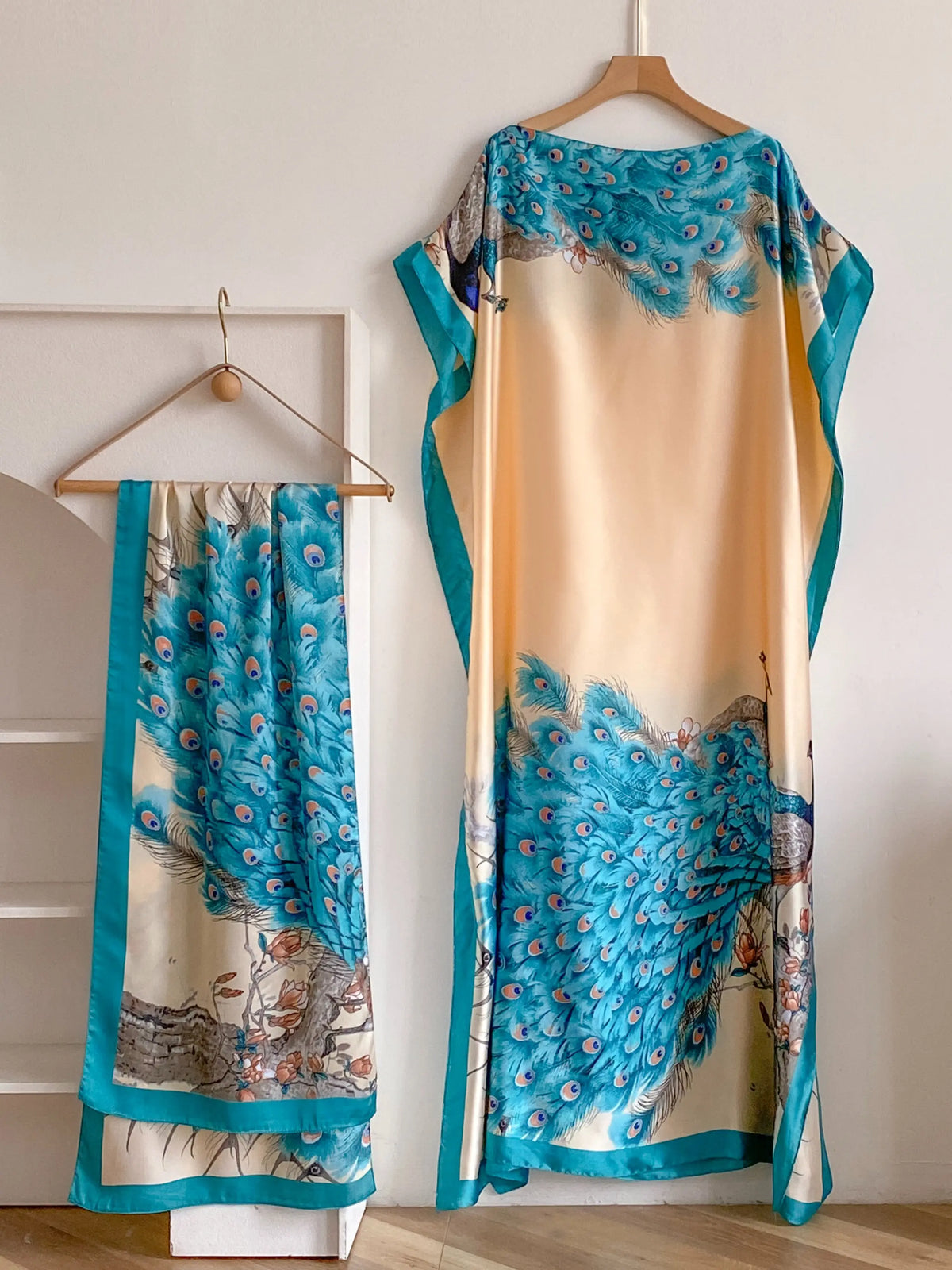 Women's Fashion Print Long Robe Outfit Set, Moomoo Dress + Scarf Headband, Casual Woven Fabric Thin All-Season Wear, Beach Sun Protection