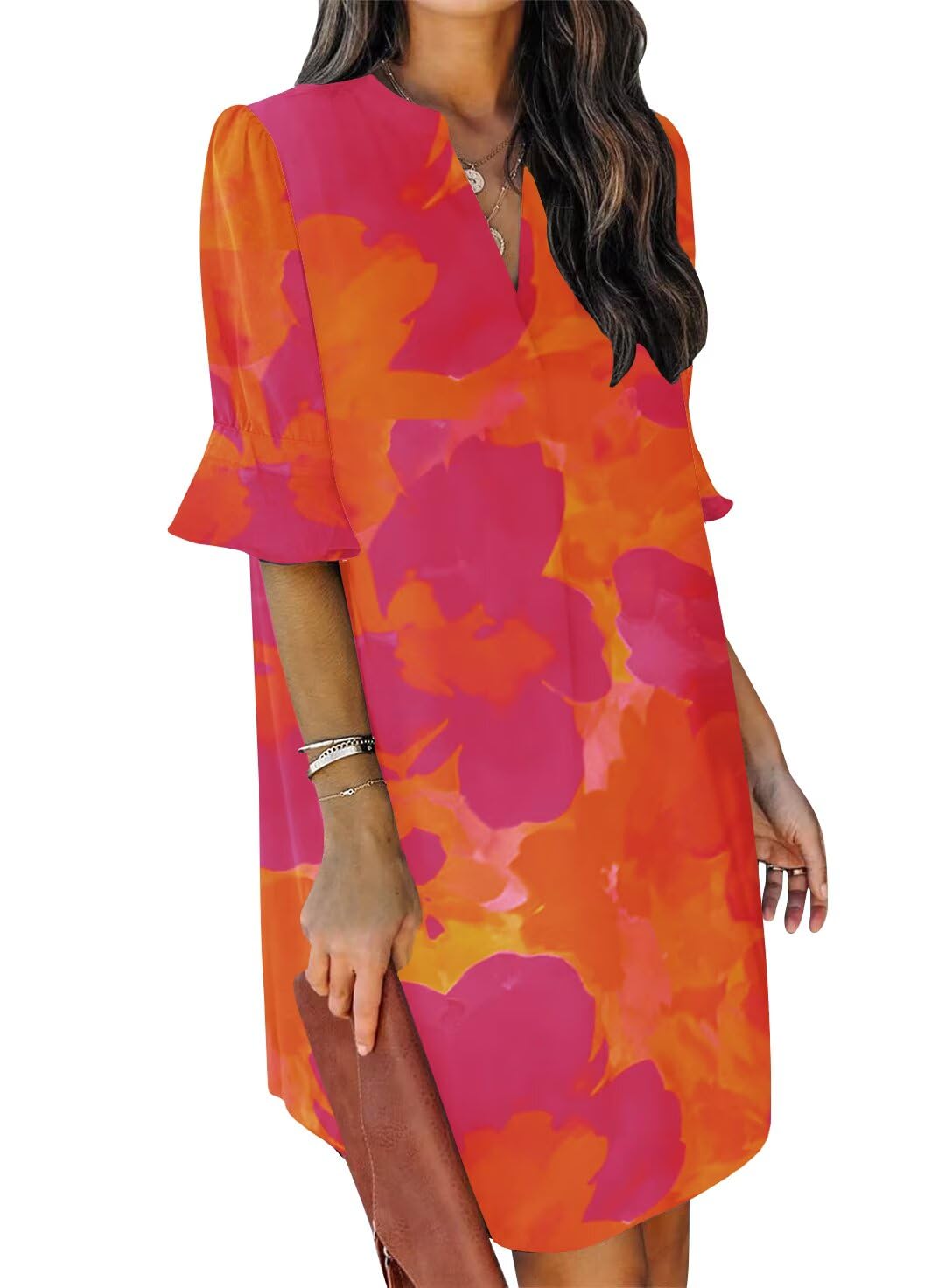 QACOHU Summer Dresses for Women V Neck Ruffle Short Sleeve Shift Dress