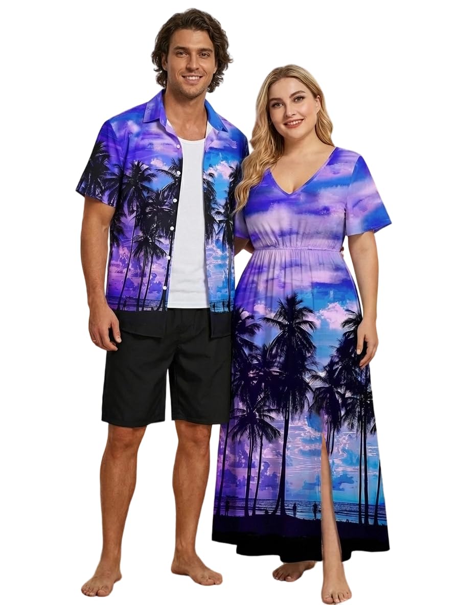 Matchable Couple Hawaiian Sea Beach Starfish Turtle Shell Print Shirt or Plus Size Midi Split A Line Dress