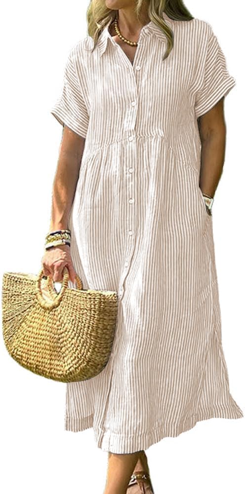 chouyatou Women's Summer Striped Midi Long Shirt Dress Casual Loose Short Sleeve Button Down Dress