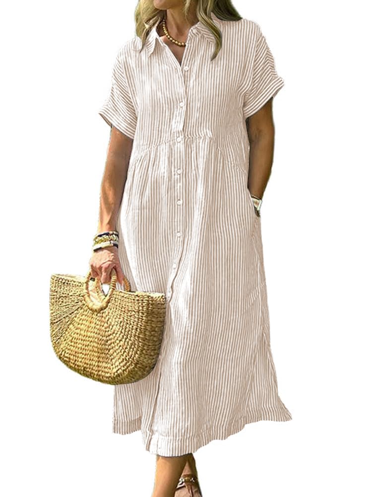 chouyatou Women's Summer Striped Midi Long Shirt Dress Casual Loose Short Sleeve Button Down Dress
