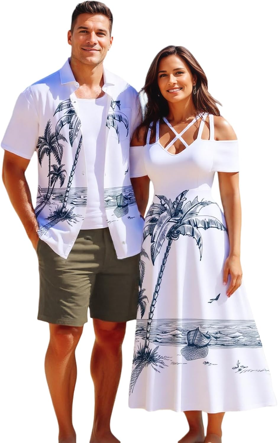 Matchable Couple Hawaiian Coconut Tree Print Shirt or Plus Size Midi Cold Shoulder Dress